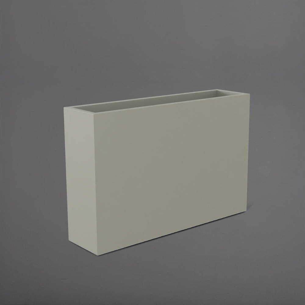 Delray Tall Rectangle Fiberglass Planter in satin beige against gray background.