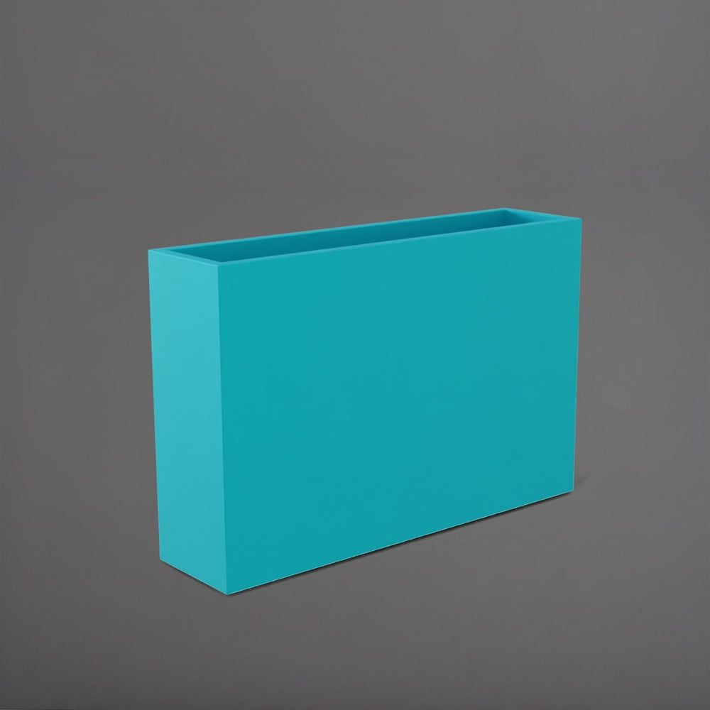 Delray Tall Rectangle Fiberglass Planter in satin seafoam green against gray background.