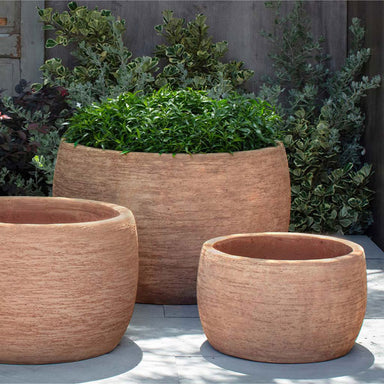 Denali Planter, Low - Terra Cotta - S/3 on concrete filled with plants