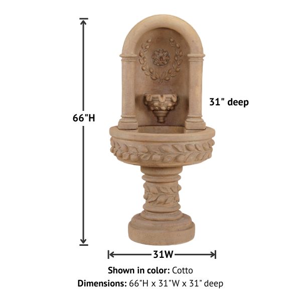 Deruta Lemon Niche Fountain against white background with product details.
