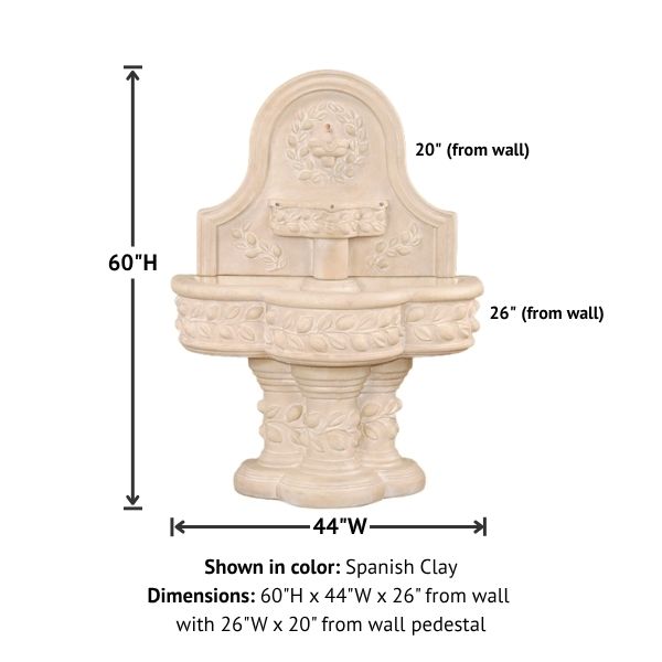 Deruta Lemon Wall Fountain against white background with product details.
