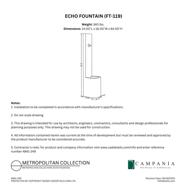 CAD drawing of the Echo Fountain with dimensions, weight, and manufacturer notes.