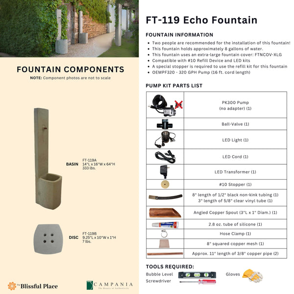 Complete overview of the Echo Fountain with dimensions, weights, pump kit parts, tools, and general info.