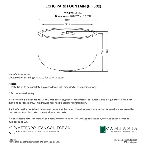 CAD drawing of the Echo Park Fountain with dimensions, weight, and manufacturer notes.