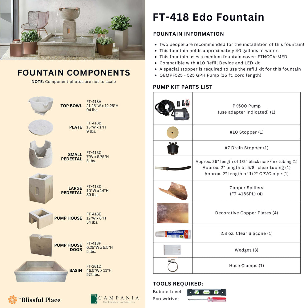 Complete overview of the Edo Fountain with dimensions, weights, pump kit parts, tools, and general info.