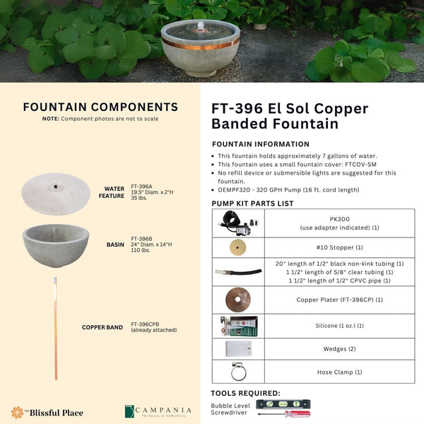 Complete overview of the El Sol Copper Banded Fountain with dimensions, weights, pump kit parts, tools, and general info.