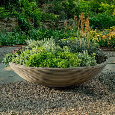 Enso Bowl 40 inch filled with plants in the backyard.