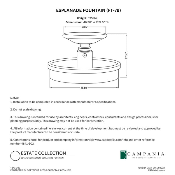 CAD drawing of the Esplanade Fountain with dimensions, weight, and manufacturer notes.