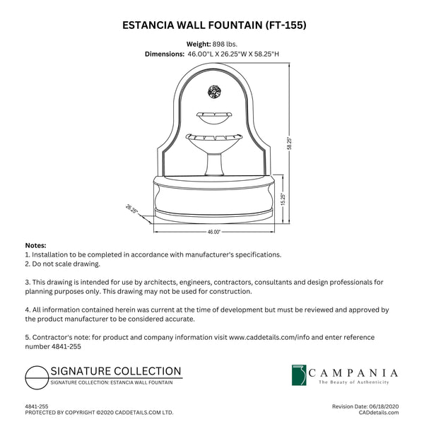 CAD drawing of the Estancia Wall Fountain with dimensions, weight, and manufacturer notes.