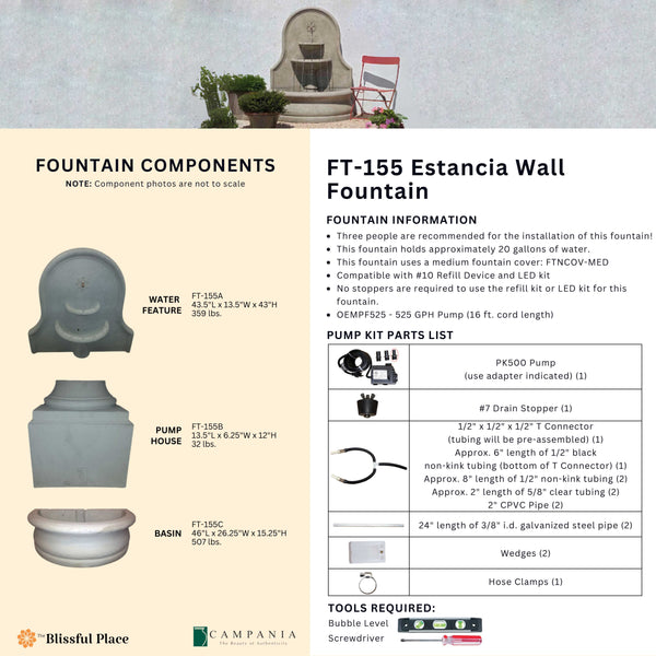 Complete overview of the Estancia Wall Fountain with dimensions, weights, pump kit parts, tools, and general info.
