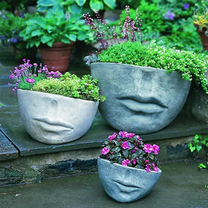Faccia Planters on stone patio fileld with plants