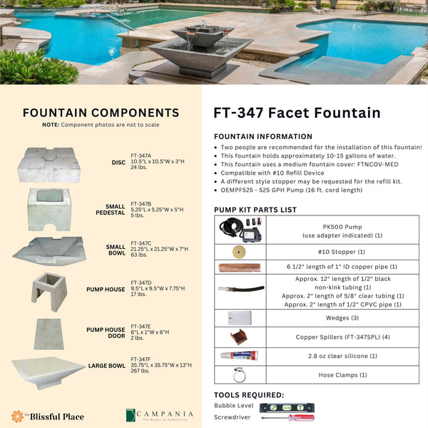 Complete overview of the Facet Fountain with dimensions, weights, pump kit parts, tools, and general info.
