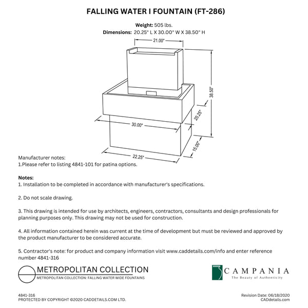 CAD drawing of the Falling Water 1 Fountain with dimensions, weight, and manufacturer notes.