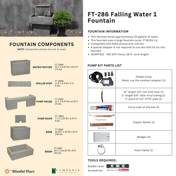 Complete overview of the Falling Water 1 Fountain with dimensions, weights, pump kit parts, tools, and general info.