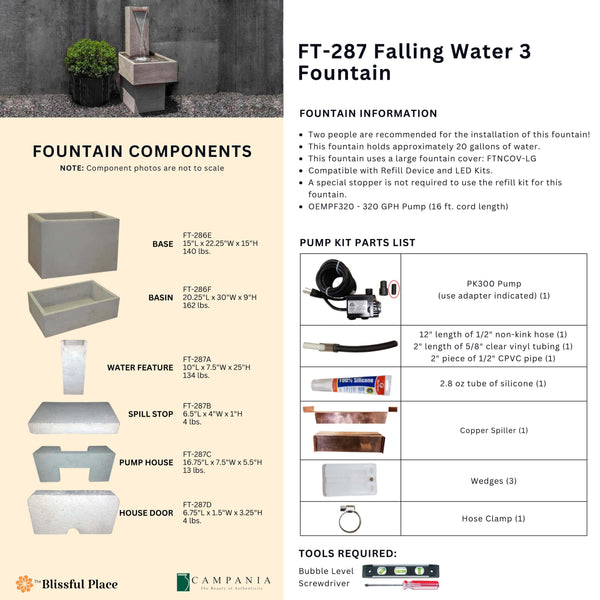 Complete overview of the Falling Water 3 Fountain with dimensions, weights, pump kit parts, tools, and general info.
