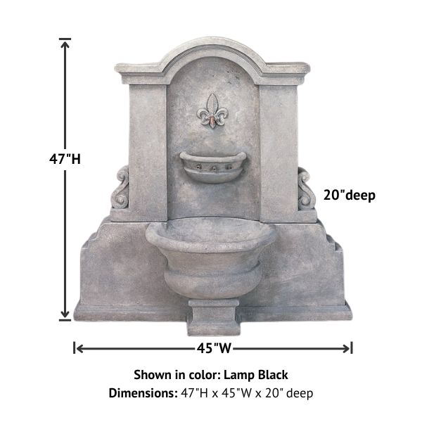 Flaminia Wall Fountain against white background with product details.