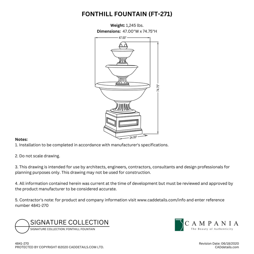 CAD drawing of the Fonthill Fountain with dimensions, weight, and manufacturer notes.