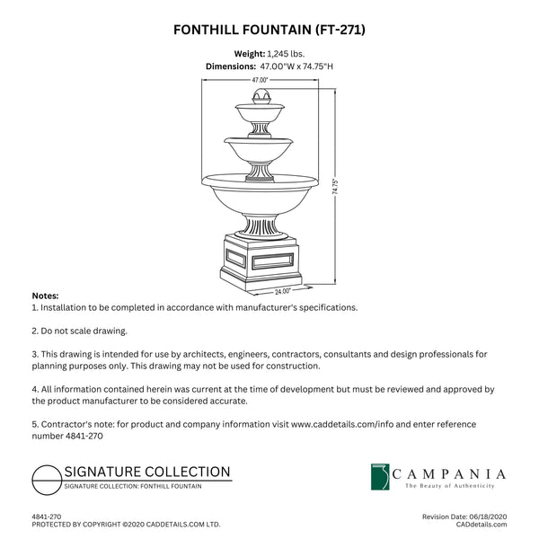 CAD drawing of the Fonthill Fountain with dimensions, weight, and manufacturer notes.