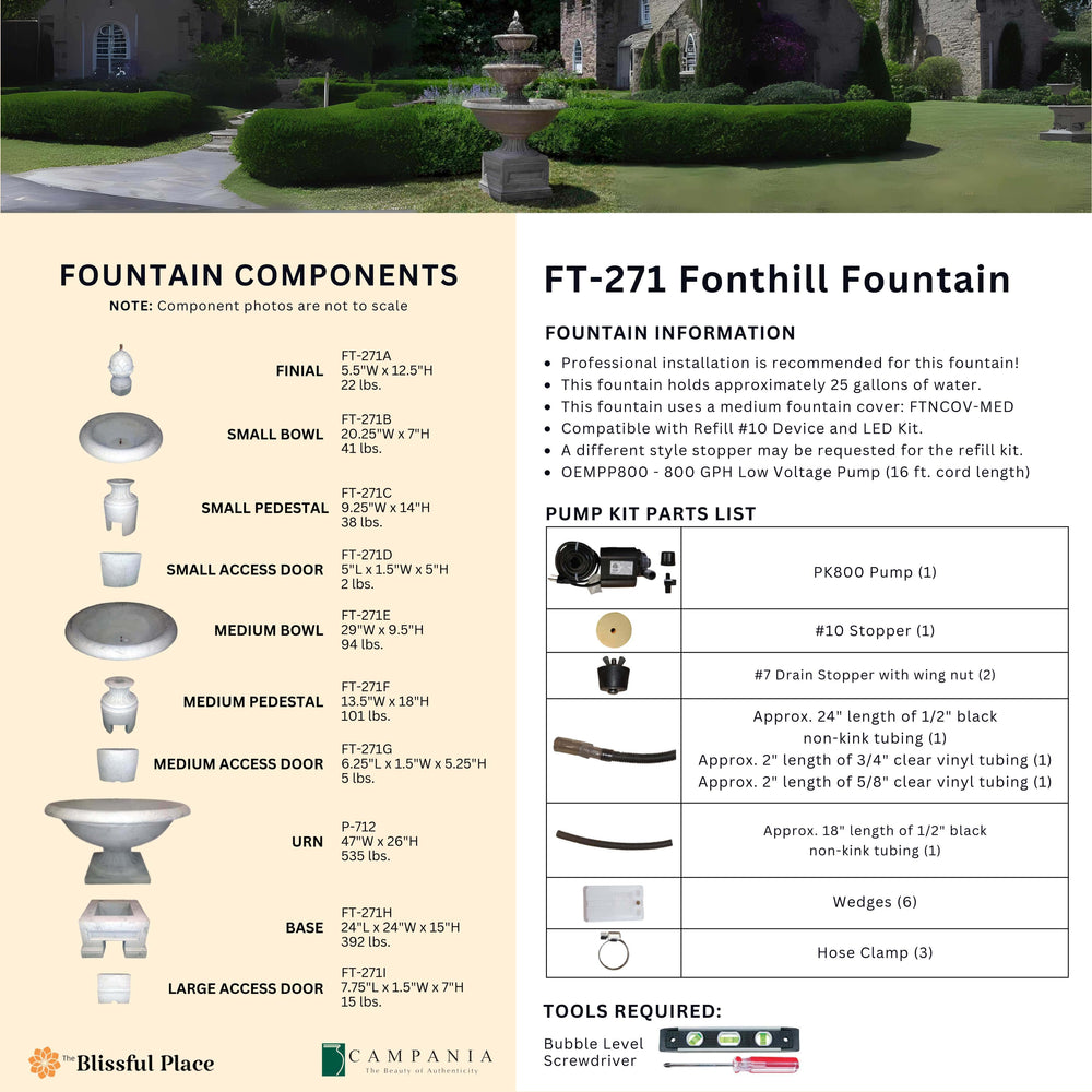 Complete overview of the Fonthill Fountain with dimensions, weights, pump kit parts, tools, and general info.
