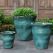 Foxglove Planter - Antique Jade - on concrete filled with plants.