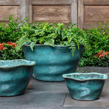 Foxglove Planter, Low - Antique Jade on concrete in the backyard.