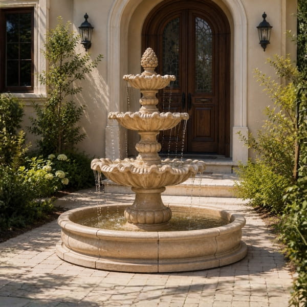 Garda Three Tier Fountain in front entrance courtyard view.