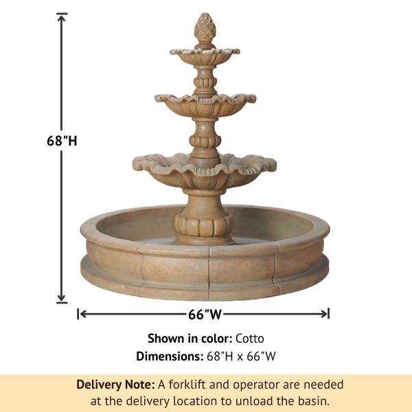 Garda Three Tier Pond Fountain against white background with product details.