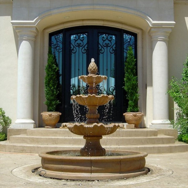 Garda Three Tier Pond Fountain on concrete in action.