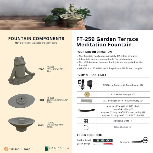 Info sheet for the Garden Terrace Meditation Fountain listing components, dimensions, weights, pump parts, and required tools.