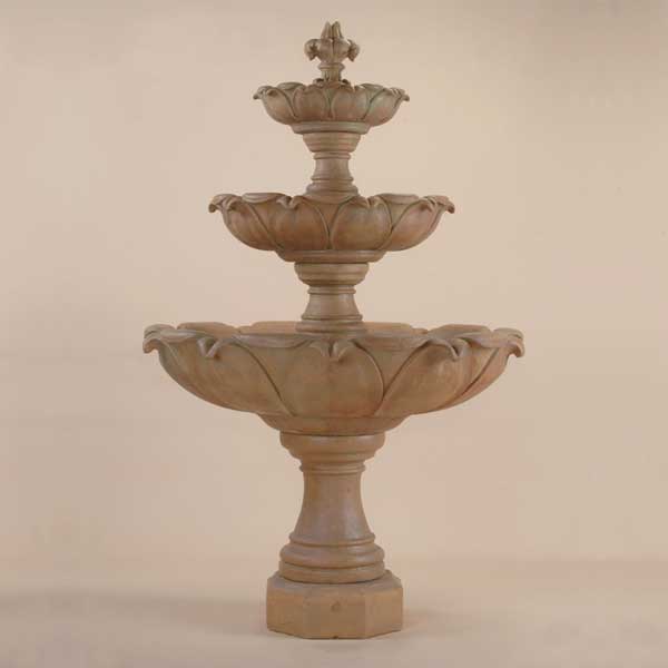 Gardenia Three Tier Fountain against brown background.