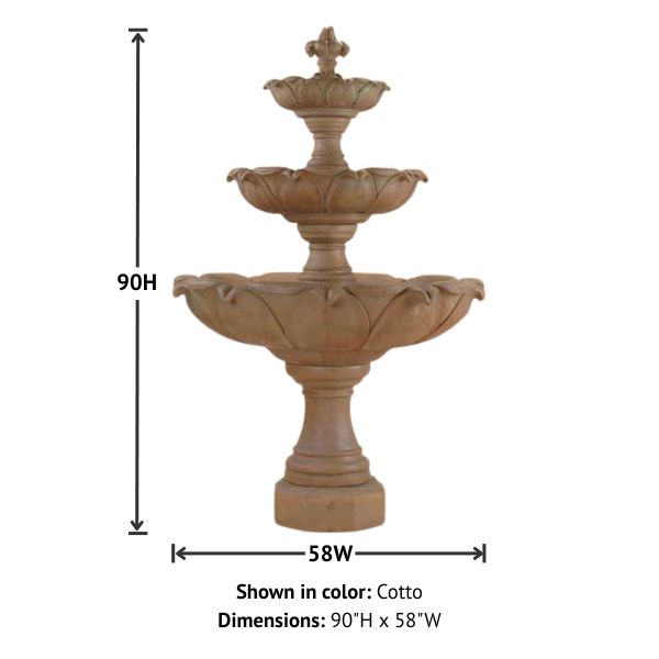 Gardenia Three Tier Fountain against white background with product details.