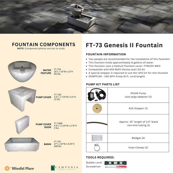 Complete overview of the Genesis Fountain II with dimensions, weights, pump kit parts, tools, and general info.
