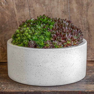 Geo Cylinder Planter - Terrazzo White - S/4 on wooden table filled with cactus