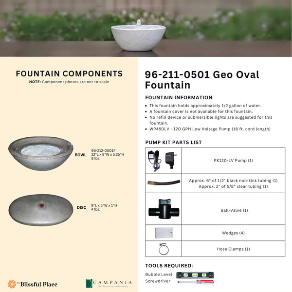 Complete overview of the Geo Oval Fountain with dimensions, weights, pump kit parts, tools, and general info.
