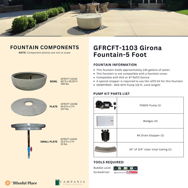 Complete overview of the Girona 5 Fountain with dimensions, weights, pump kit parts, tools, and general info.
