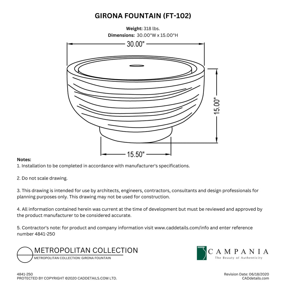 CAD drawing of the Girona Fountain with dimensions, weight, and manufacturer notes.