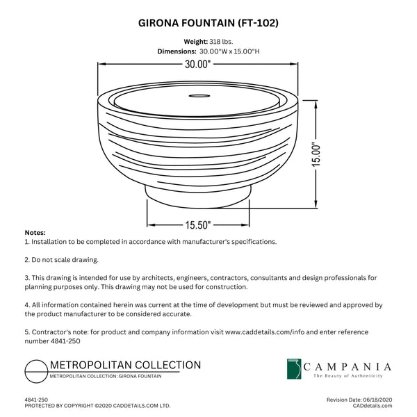 CAD drawing of the Girona Fountain with dimensions, weight, and manufacturer notes.