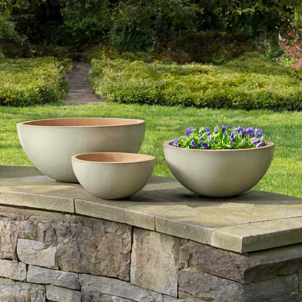 Glenside Bowl Planter - Cream - S/3 filled with purple flowers in the backyard