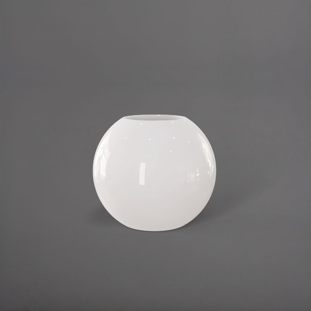 Globe Fiberglass Planter in gloss bright white against gray background.
