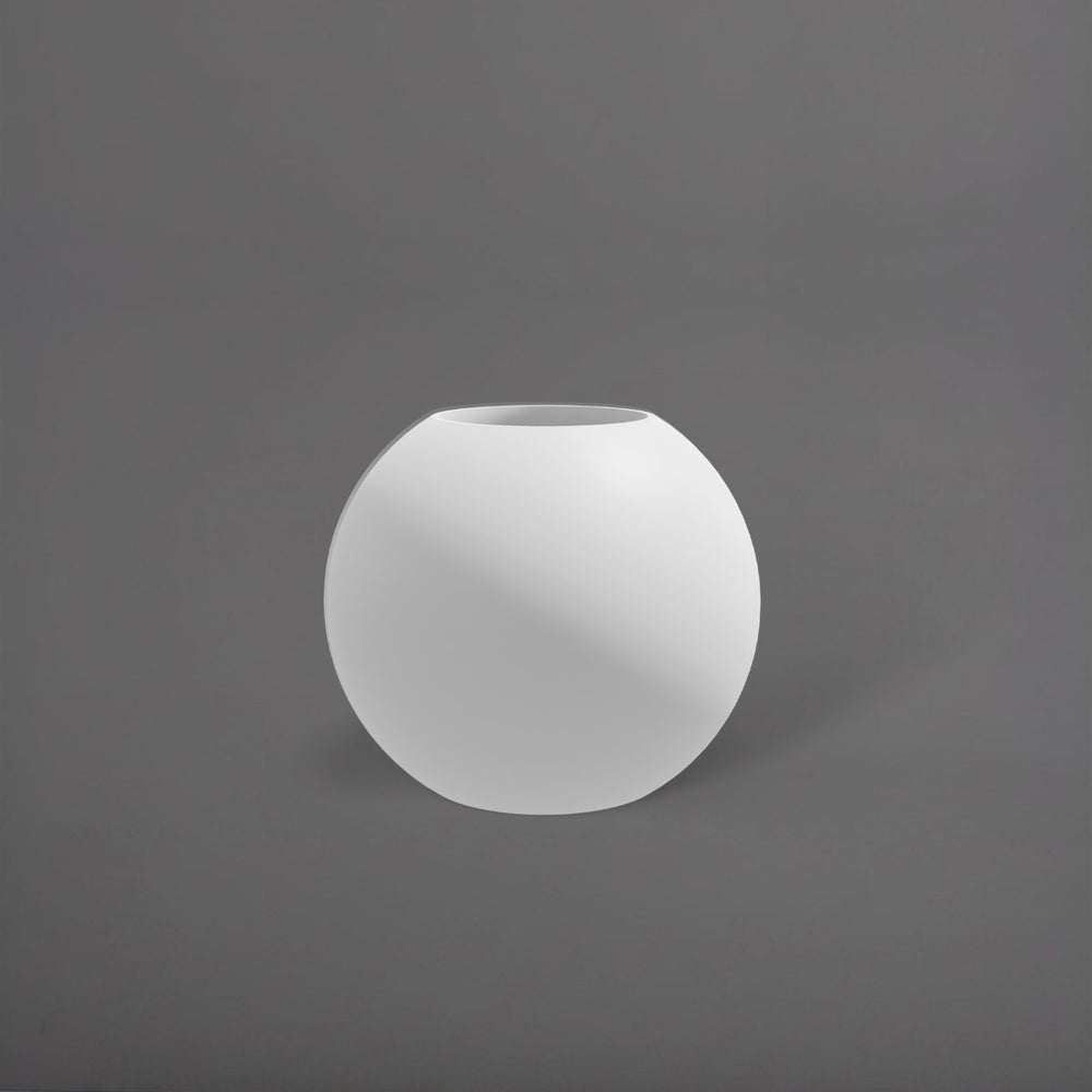 Globe Fiberglass Planter in matte bright white against gray background.