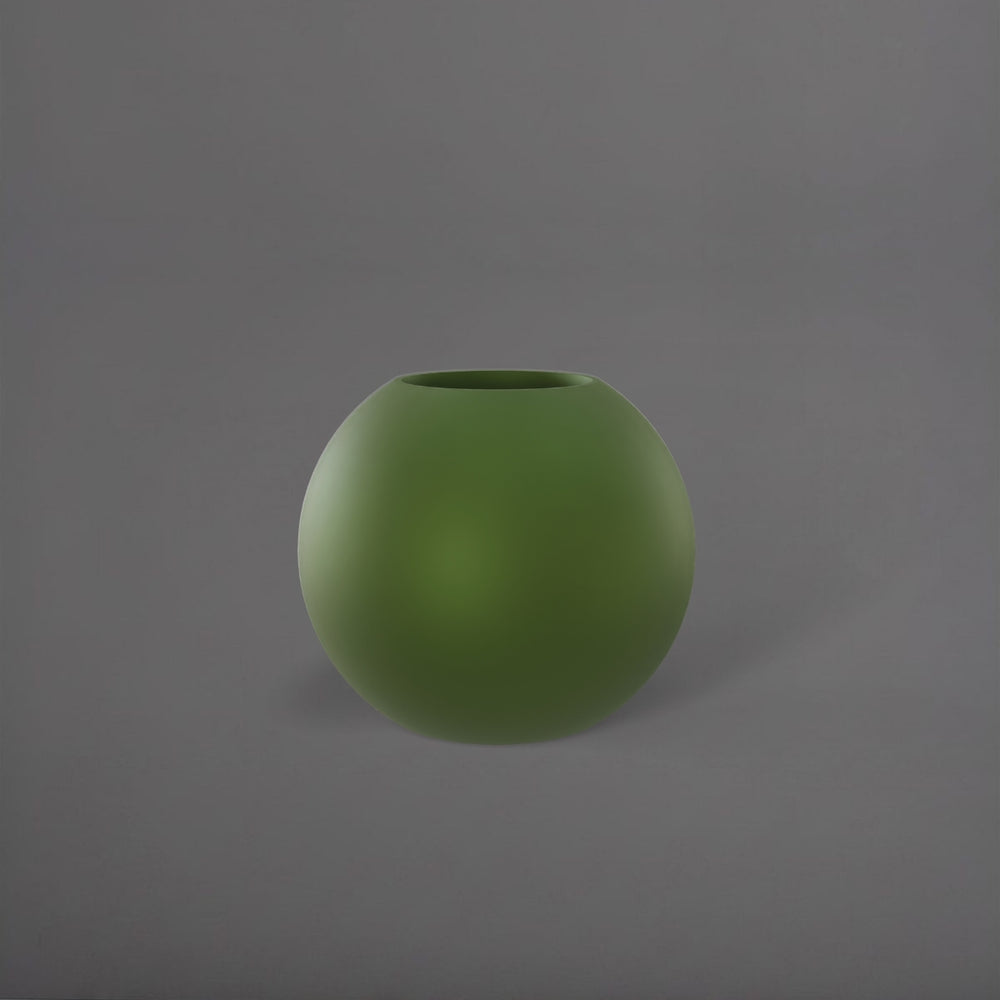 Globe Fiberglass Planter in satin green against gray background.