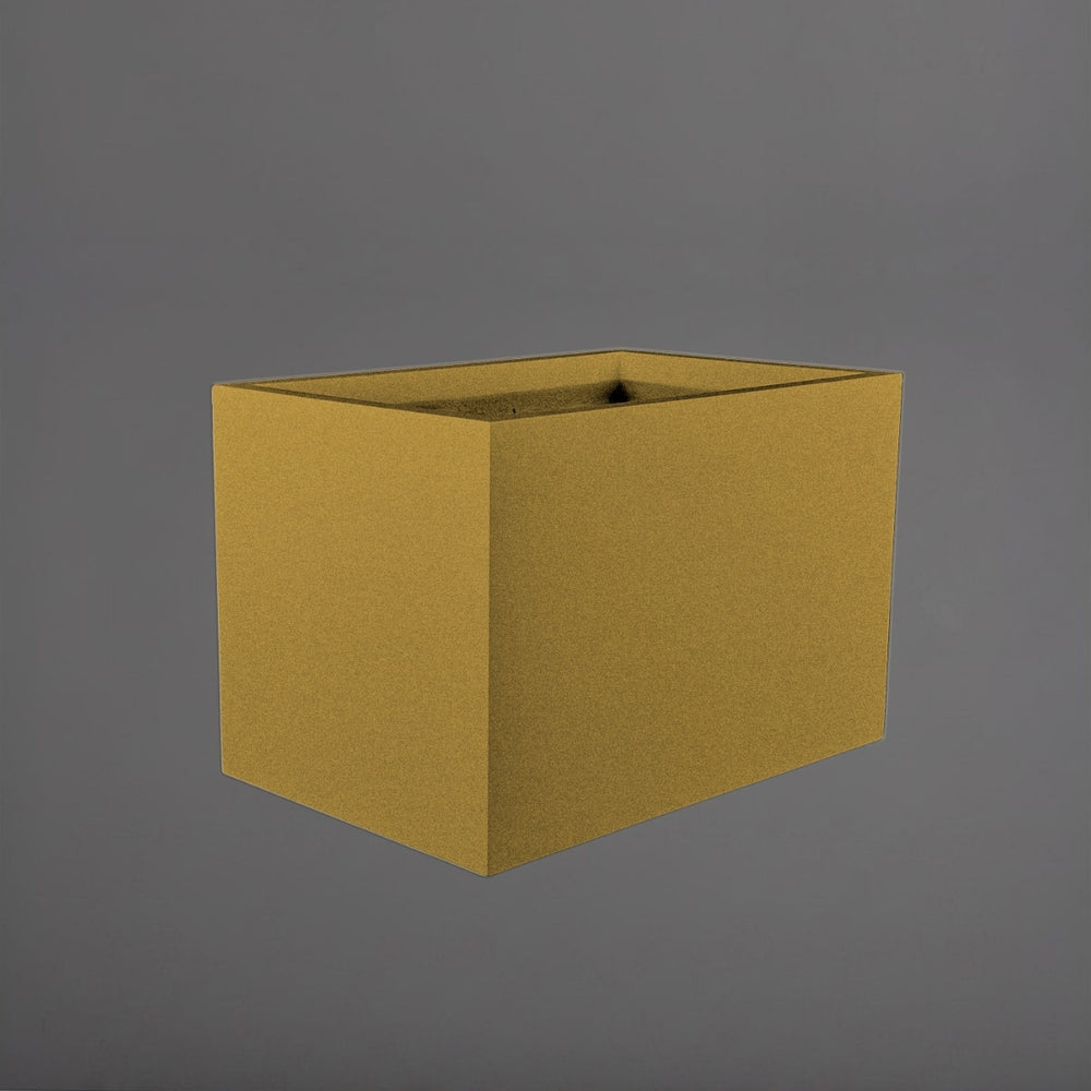 Granada Wide Rectangle Fiberglass Planter in gloss metallic gold against gray background.