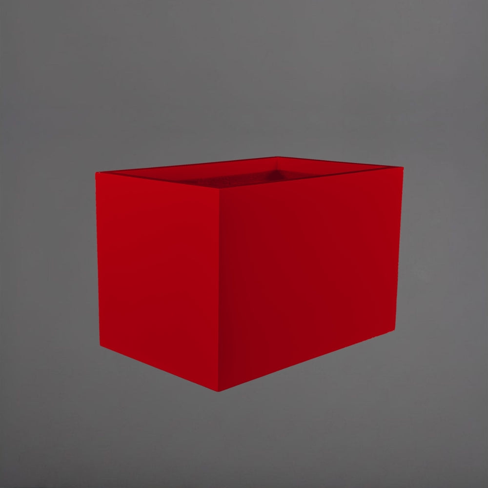 Granada Wide Rectangle Fiberglass Planter in gloss red against gray background.
