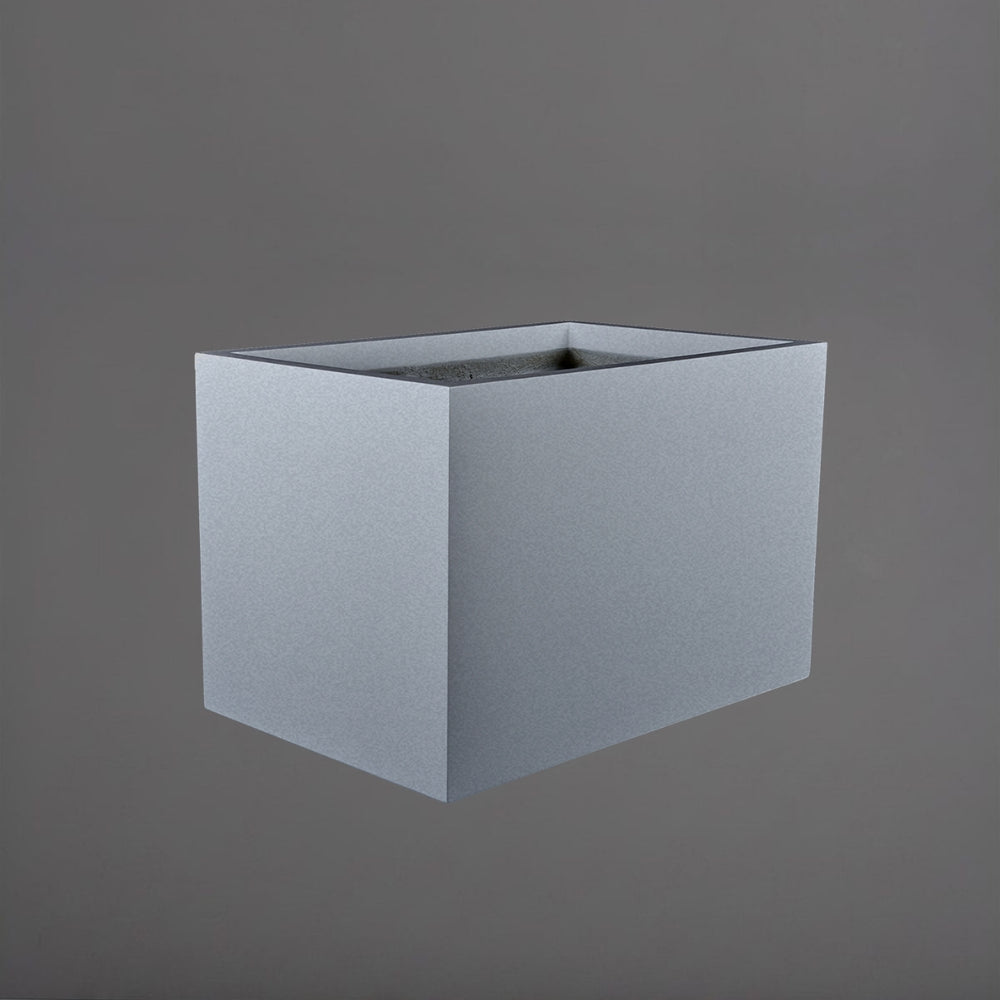 Granada Wide Rectangle Fiberglass Planter in matte silver against gray background.