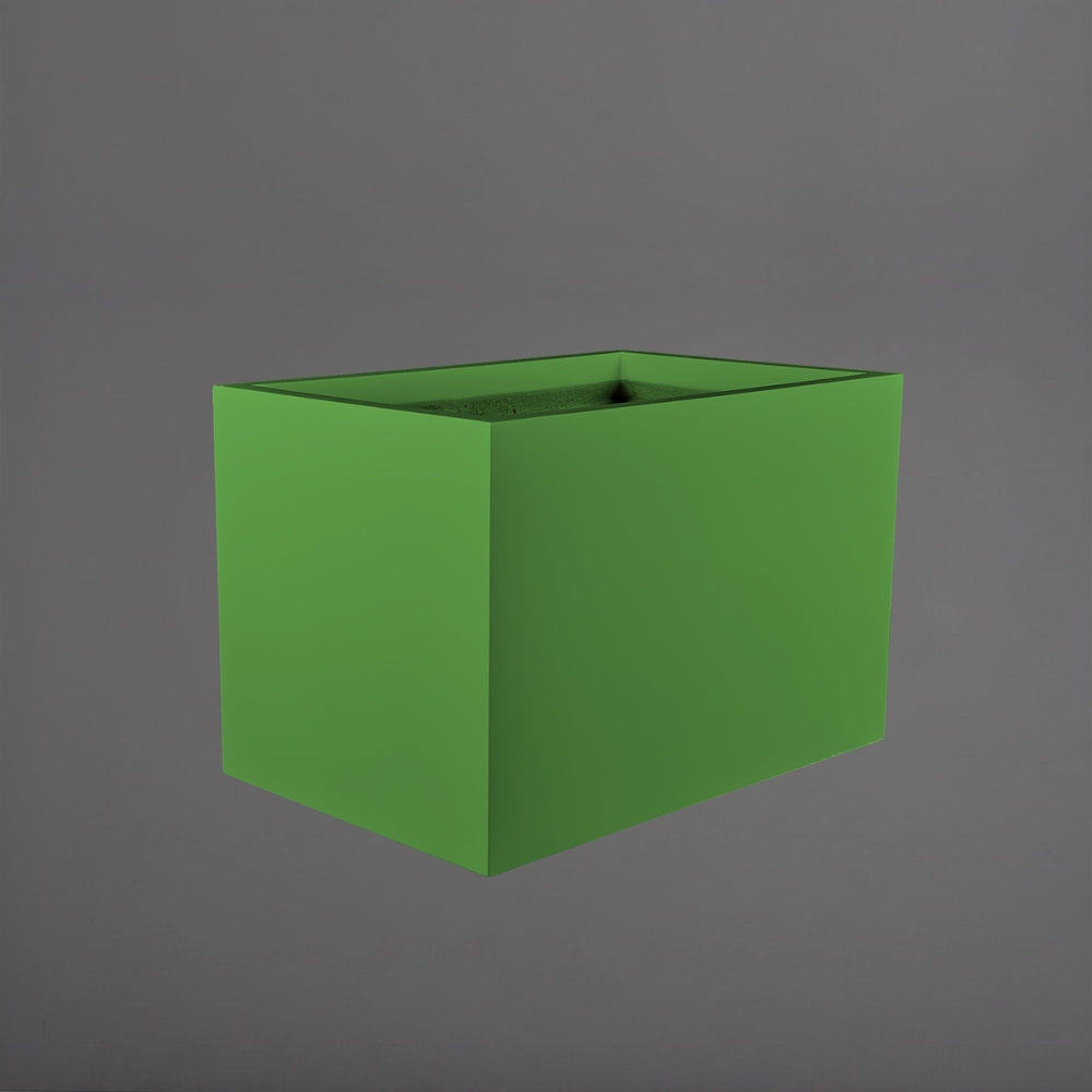 Granada Wide Rectangle Fiberglass Planter in satin green against gray background.