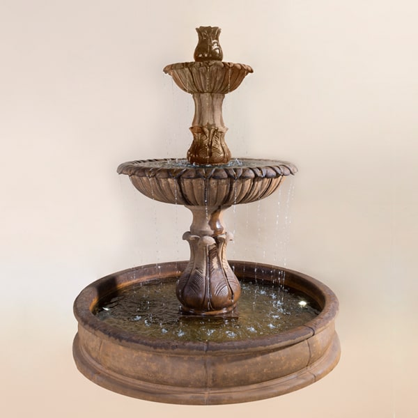 Grandis Calanthia Two Tier Pond Fountain against brown background.