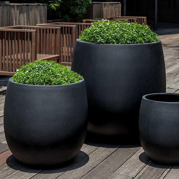 Guilford Planter, Large in onyx black lite filled with plants