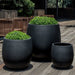 Guilford Planter, Large in onyx black lite on concrete filled with plants.