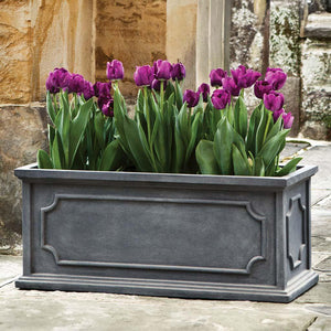 Hampshire Window Box, Small on concrete filled with purple flowers