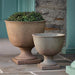 Hampstead Urn Planter, Extra Large and Large on concrete filled with plants